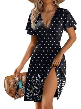 〽️Black Polka Dot Wrap Dress Women’s V Neck Ruffle Sleeve A Line Pockets
